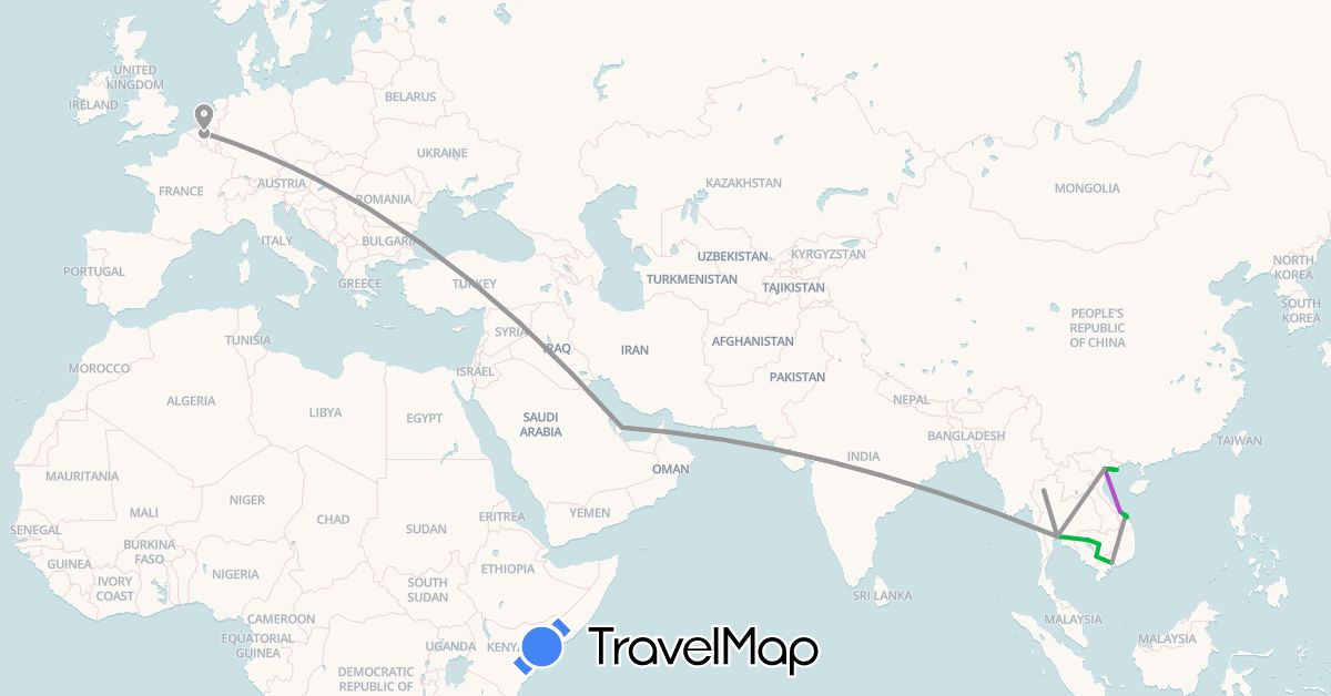 TravelMap itinerary: bus, plane, train, boat in Belgium, Cambodia, Qatar, Thailand, Vietnam (Asia, Europe)